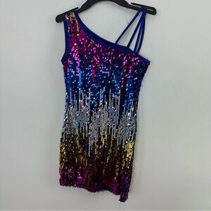Double Platinum Sm. Adult Multicolor Sequin Dance Dress Gold/Silver/Blue/Fuschia
